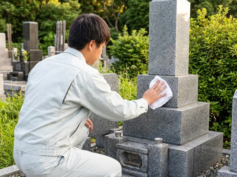 墓石クリーニングの作業風景